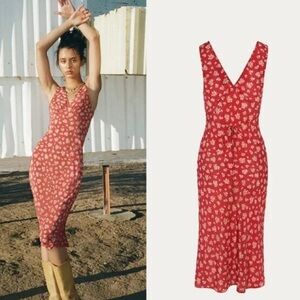 Realisation Par Red Sleeveless V-Neck Sheath Maxi Dress silk